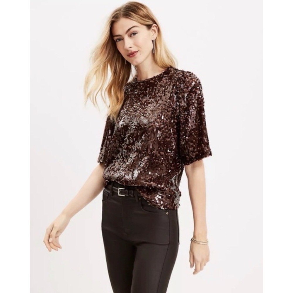 NWT LOFT Sequin Short Sleeve Top Bronze Brown Women's XL Party Shine Shirt